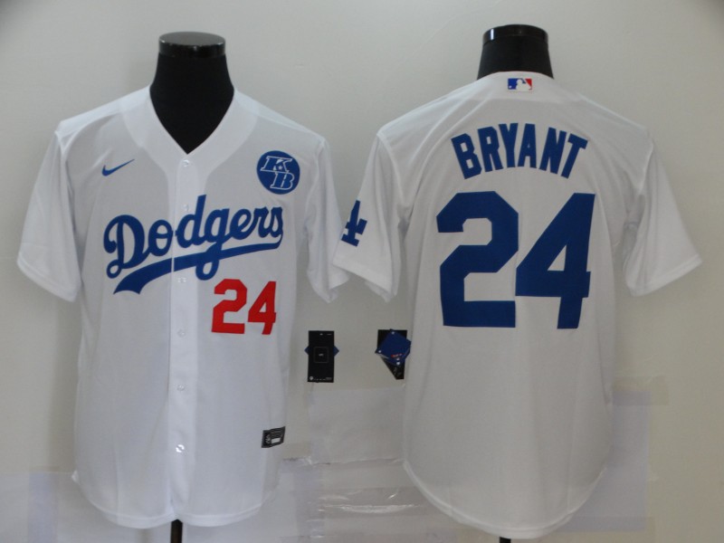 Men's Los Angeles Dodgers White #24 Kobe Bryant KB Patch Cool Base Stitched Jersey